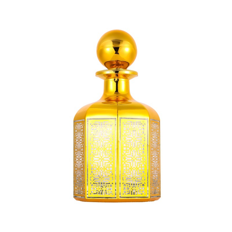 Botella de difusión de vidrio árabe botella de perfume 150ml botella de exhibición de aceite esencial chapado en oro botella de vidrio fragrante botella dividida