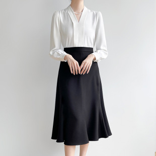 Cs160 Plus Size Women's Professional Interview Workwear Fat mm Long Sleeve Chiffon Deep V-Neck Shirt Top for Women