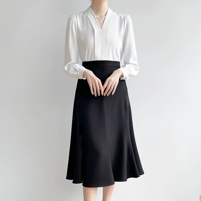 Женская блузка CS160 больших размеров для профессиональных собеседований, с длинным рукавом, из шифона, с глубоким V-образным вырезом, для полных женщин