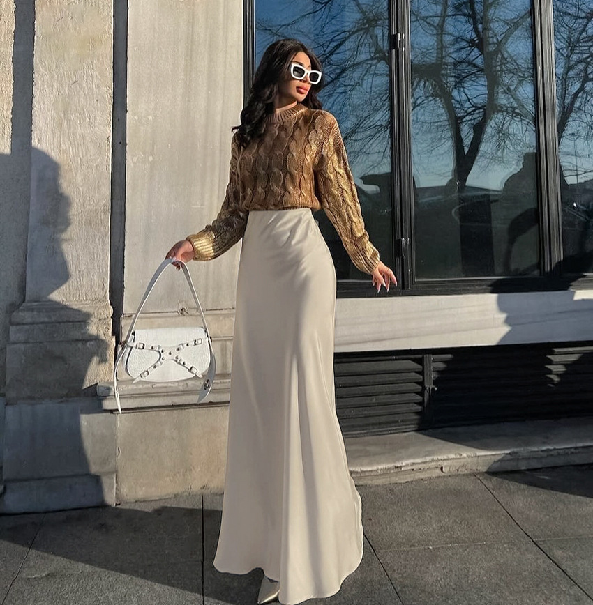 Women's Clothing 2024 acetate satin skirt female autumn new style drape slim A line long skirt high end women's clothing_voghion.com