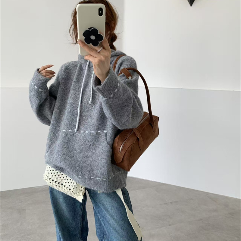 秋冬新款连帽毛衣女2025韩系宽松手工明线口袋小众慵懒风针织上衣|undefined