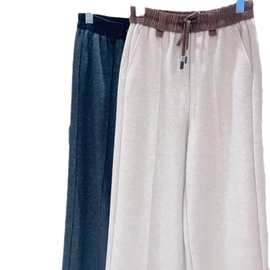 2024春秋新款高腰抽绳宽松直筒阔腿裤女时尚设计舒适休闲垂感长裤