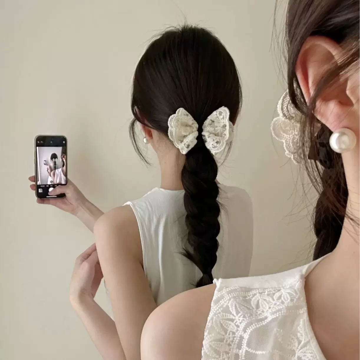 清新甜美复古生成色双层精致刺绣蕾丝黑色发圈发绳温柔可爱发圈