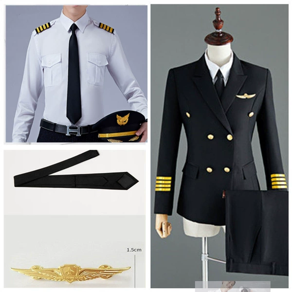 Black jacket, trousers, uniform, tie, brooch
