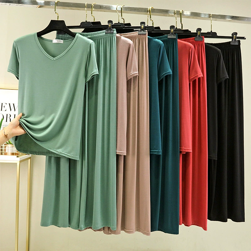 Модальный костюм для домашней одежды с короткими рукавами, женская летняя тонкая футболка, повседневные брюки, свободный комплект из двух предметов на верхнюю одежду