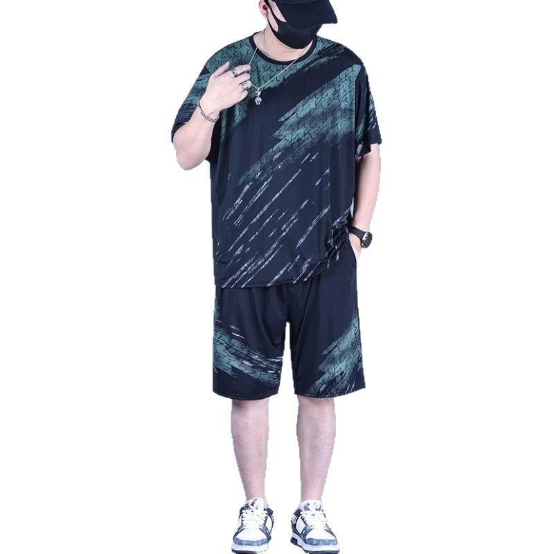 Fat Man Loose plus size Ice Silk Short-sleeved Shorts suit Men's 2025 Summer Fashionable Casual Sports Two-piece Fashionable Set