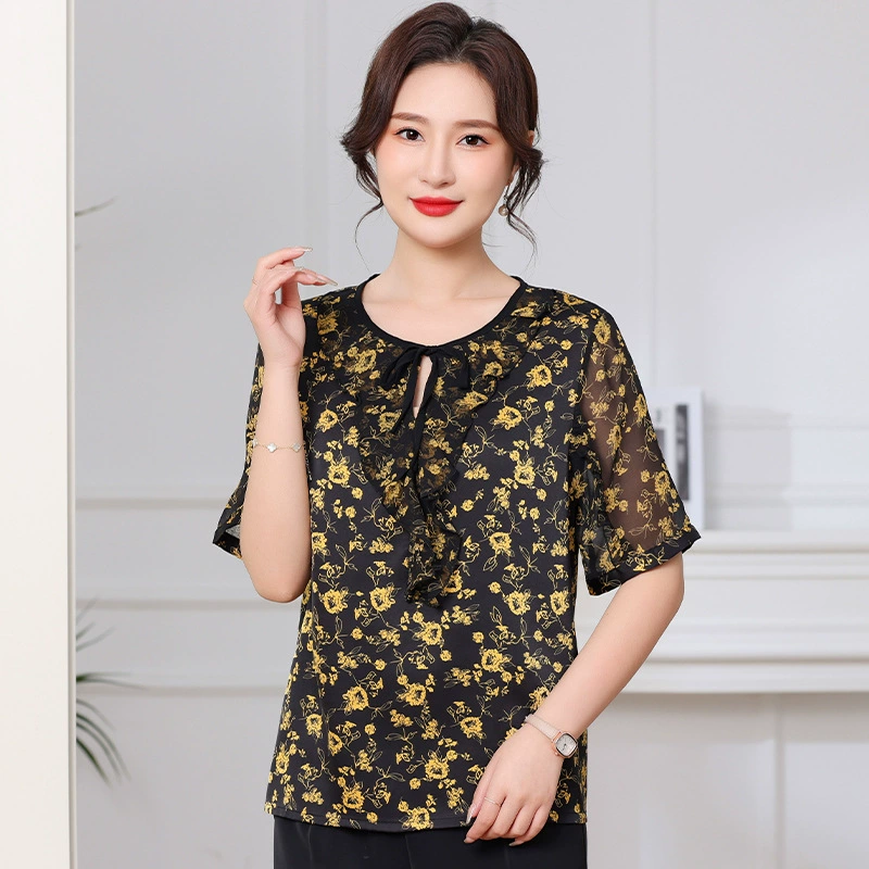 Шифоновые топы с цветочным принтом для женщин среднего и старшего возраста, 24 новых летних модели, свободного кроя, омолаживающие, стильные, в китайском стиле, с коротким рукавом.