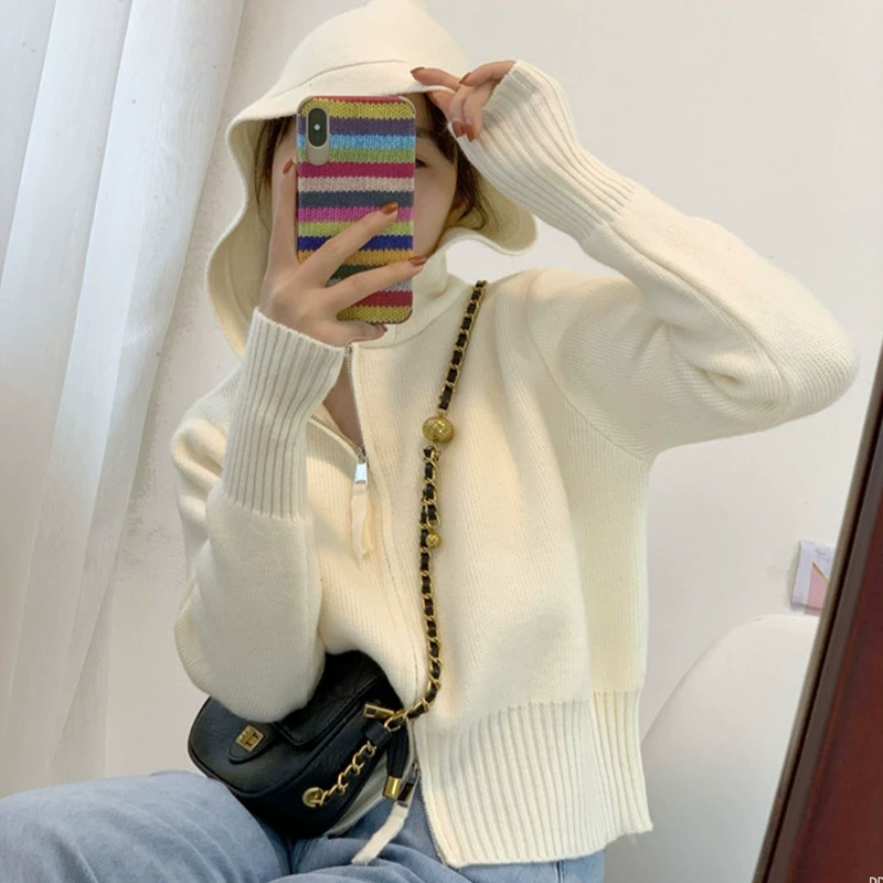 Женский вязаный кардиган с капюшоном, новая модель весна-осень 2025, свободный и стильный дизайн, короткая куртка-свитер на двойной молнии для женщин