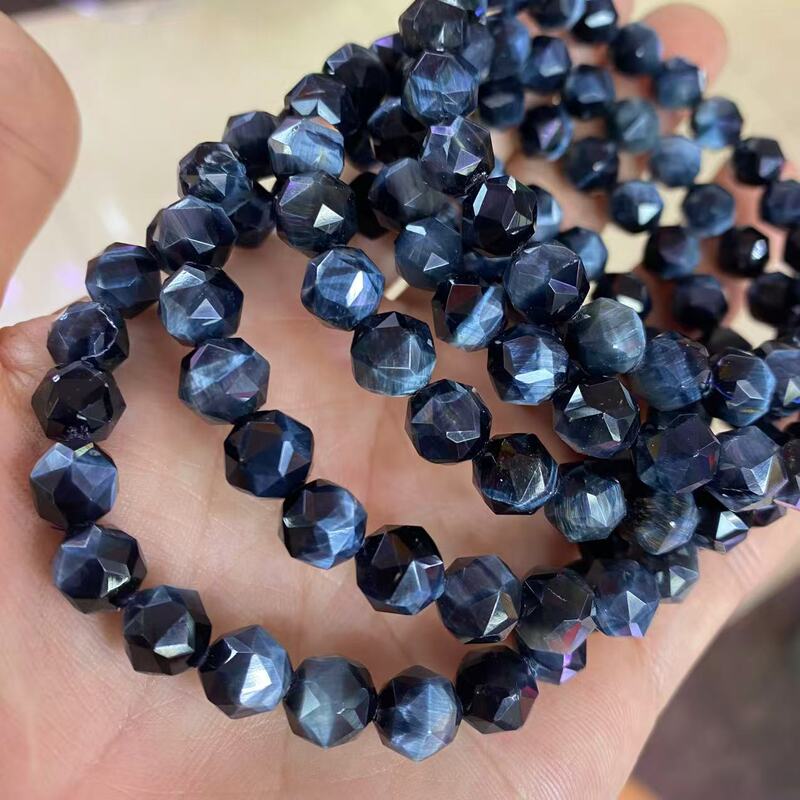 High Quality Blue Tiger Eye 8mm Diamond Faceted Lightning Eye Blue Tiger Eye Stone Bracelet DIY Jewelry Manufacturer Wholesale