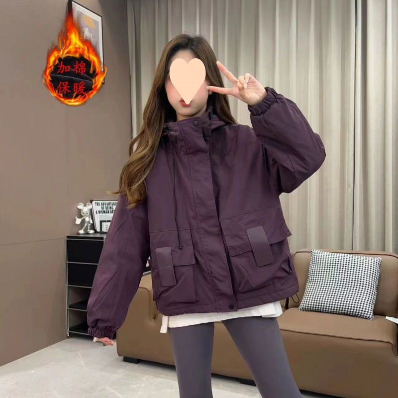 Women's Thick Double-Fleece Jacket Workwear with Pockets, Hooded, Warm and Cozy, 2025 Autumn/Winter New Casual Style