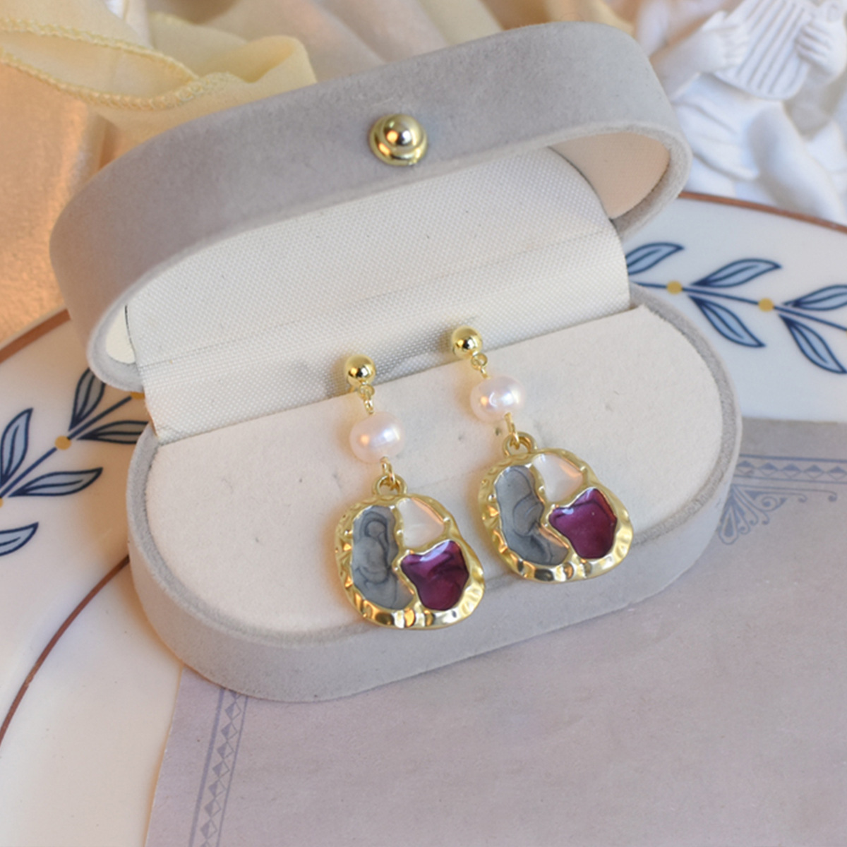 油画感珐琅滴油花朵耳环女森系甜美气质耳钉复古高级感耳饰品