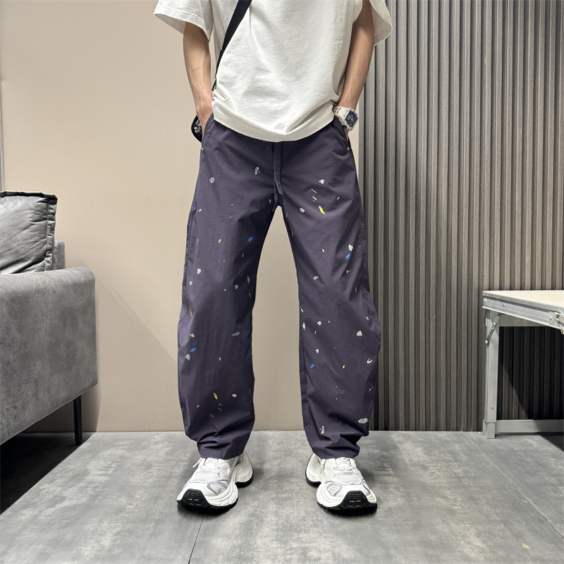 Pantalon décontracté à coupe étroite pour homme, coupe ample, coupe droite, coupe incurvée, sensation haut de gamme, effet vieilli, encre éclaboussée_voghion.com