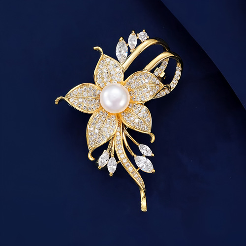 Floral Pearl Brooch for Women, Elegant Suit, Anti-Slip Button Pin, Coat Outerwear, Sweater, Pin to Hold Clothes, Floral Brooch