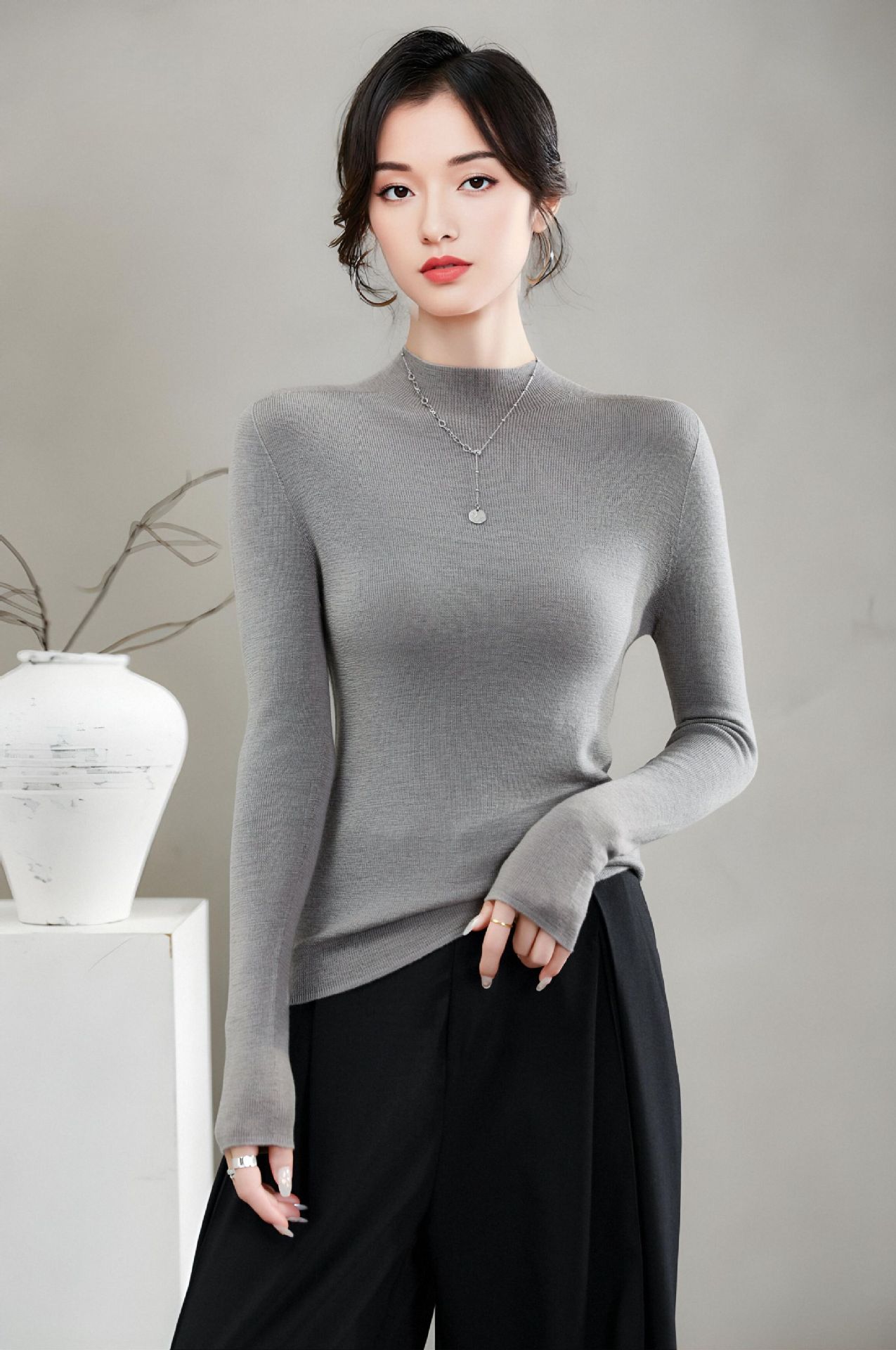 揚子糸ワンピース成形シームレスウールセーター女性のセータースリムハーフタートルネック 100% ウールニットボトリングシャツ