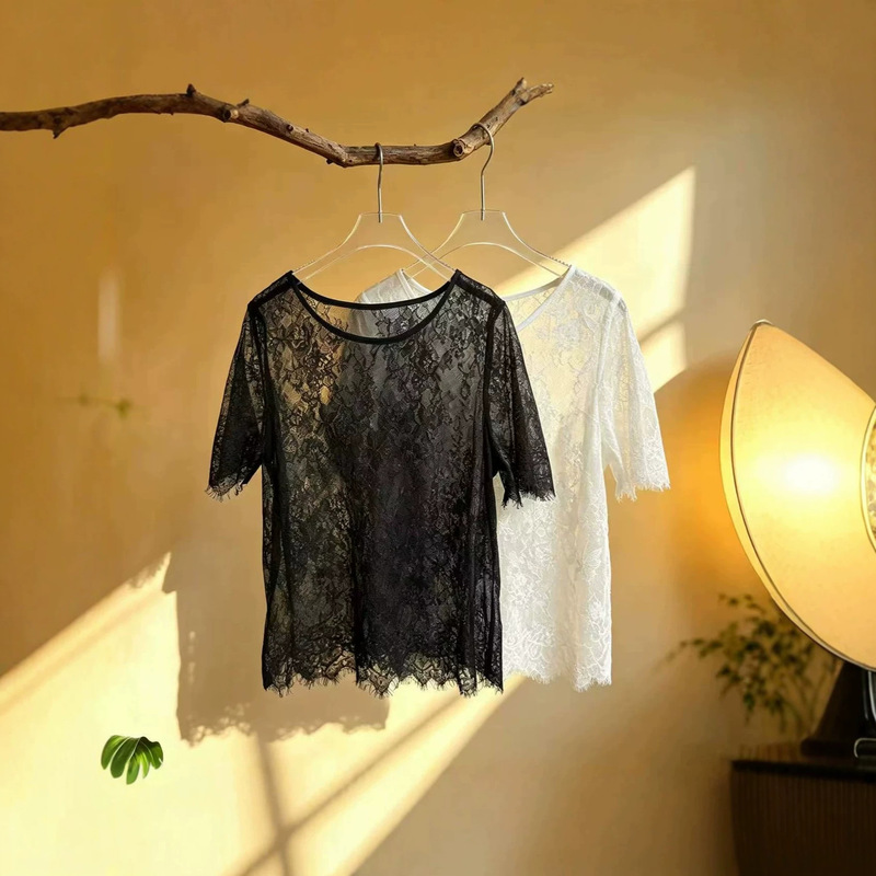 French-Style Vintage Lace Short-Sleeve Women's Summer Fashion Round-Neck Eyelash Short-Sleeve Slim-Fit Elegant Versatile Top Base Shirt