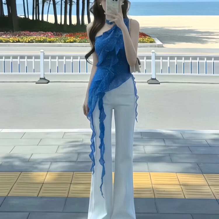 Pure White Moonlight Outfit Set, New Summer Style, Super Stylish Off-Shoulder Top and Jeans, Korean-Style Two-Piece Set
