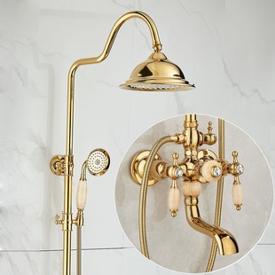European-Style Gold Shower Set with Jade Marble Faucet, All-Copper Hot and Cold Bathroom Four-Speed Spray Gun