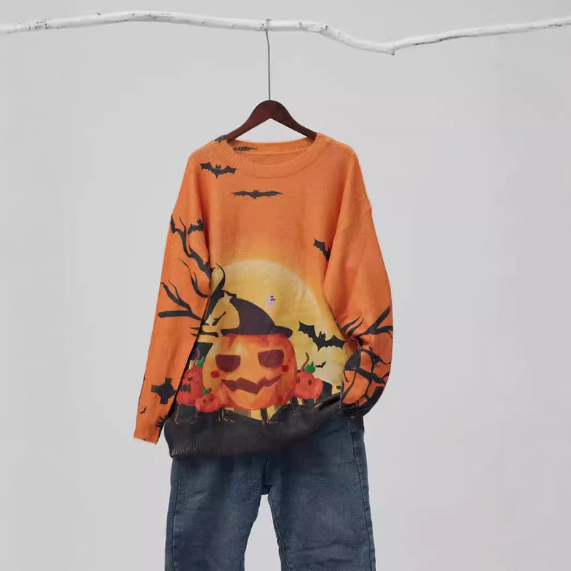 Women's Halloween Crewneck Pumpkin Ghost Long Sleeve Pullover Top Casual Retro Oversized Grave Ghost Pullover Sweater