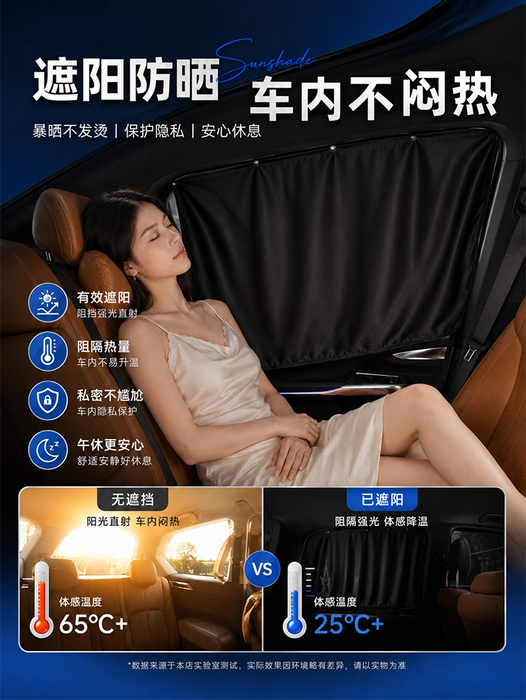 No-installation car curtains, in-car privacy sunshade, private sun protection side window fabric, retractable trackless car interior curtains