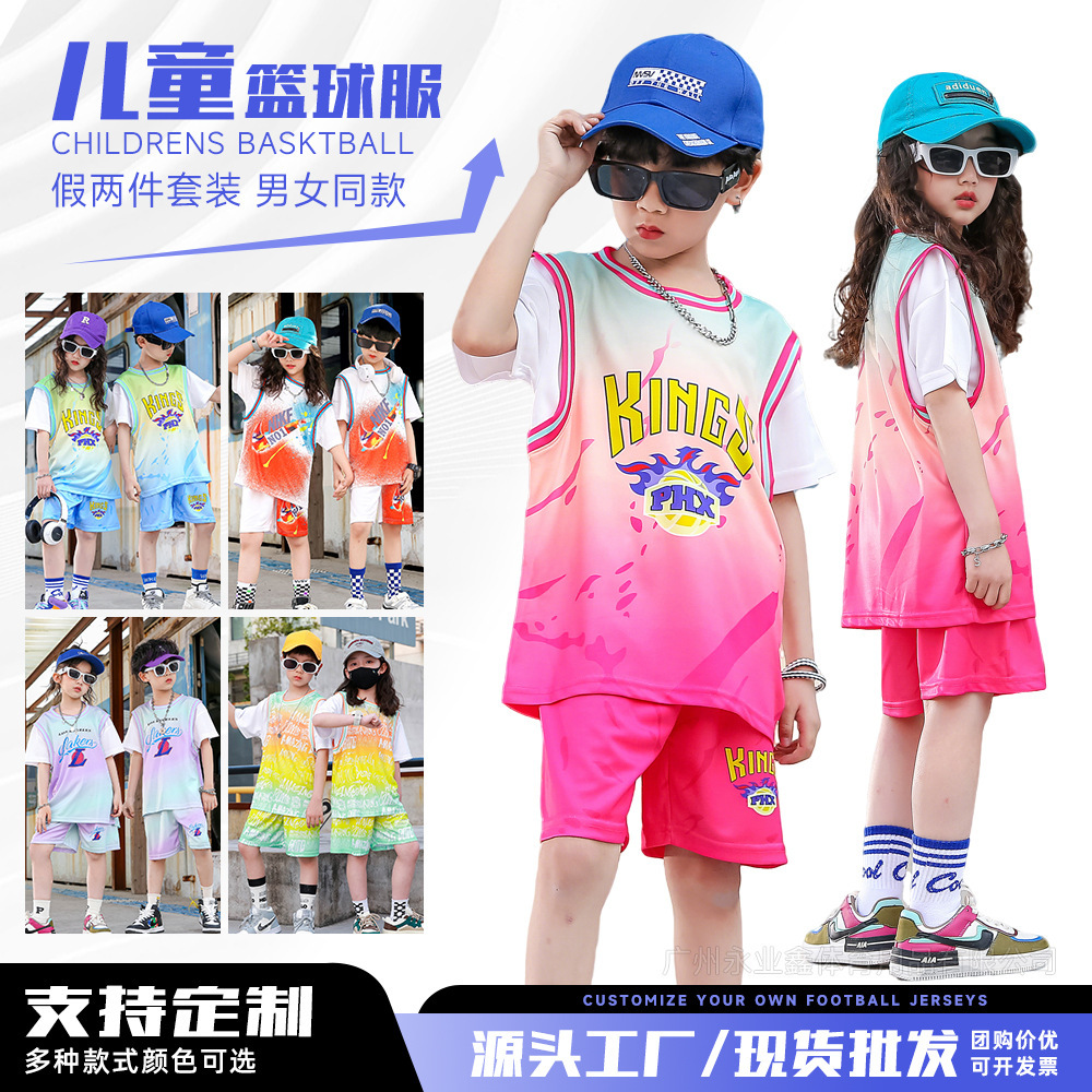 2025 Summer Children's Basketball Uniform Set Quick-Drying Training Suit Boys and Girls Fake Two-Piece Sports Jersey Spot Wholesale