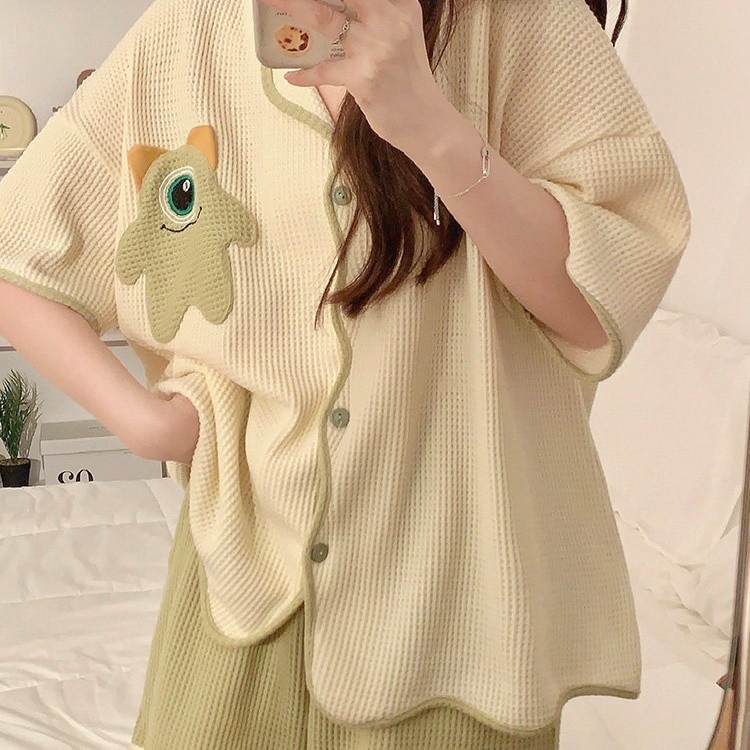 带胸垫大眼怪短袖睡衣女士夏天针织棉可爱家居服两件套装春秋夏季