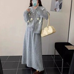 韩系刺绣花朵针织套装女2025秋冬新款绣花开衫＋高腰半身裙两件套