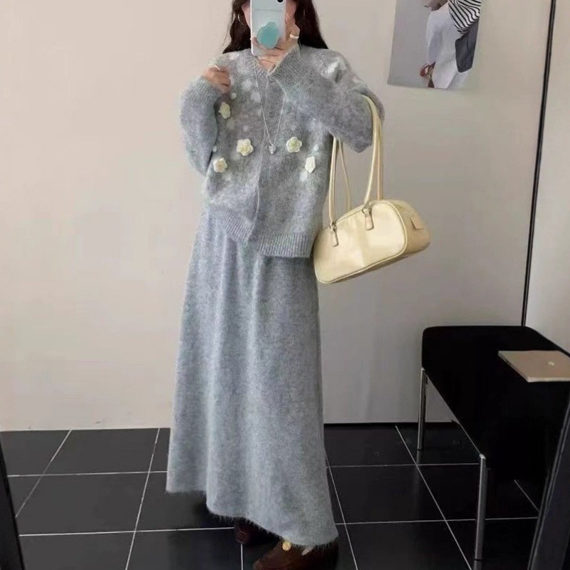 韩系刺绣花朵针织套装女2025秋冬新款绣花开衫＋高腰半身裙两件套|undefined