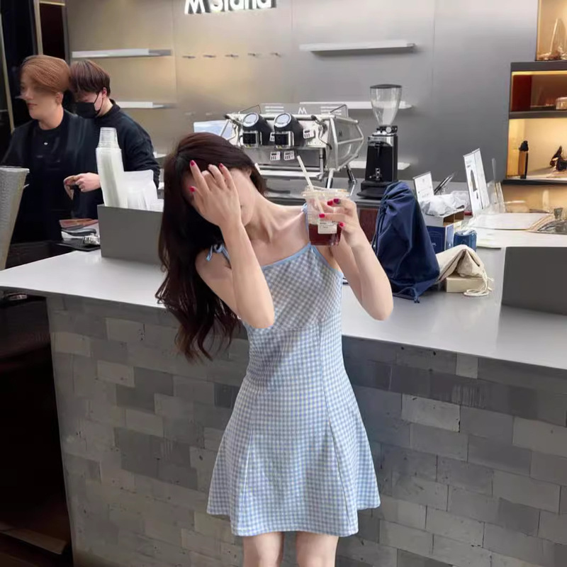 Gentle Style Blue Plaid Sling dress Women's Summer Sweet Elegant Tight Waist Backless Seaside Vacation Skirt