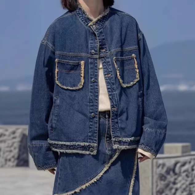 Stand Collar Frayed Edge Straight Shoulder Denim Jacket for Women, 2025 New Autumn Style, Plus Size, Vintage Style Top