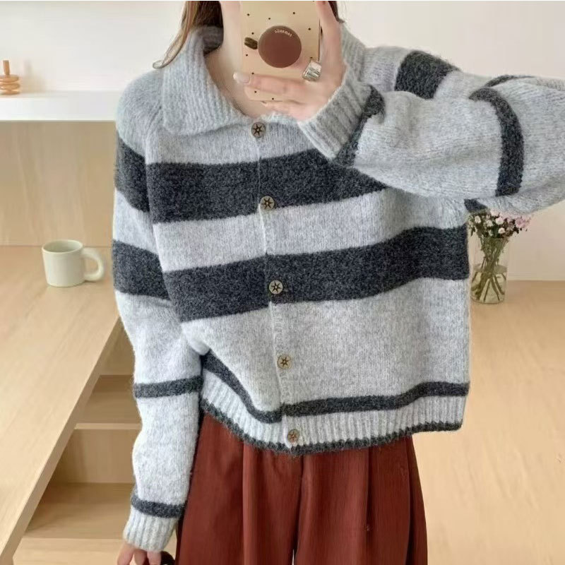 Coreano retro contraste a rayas suéter con solapa Cardigan abrigo de mujeres otoño invierno suelto viento perezoso camiseta de punto pequeña image 7