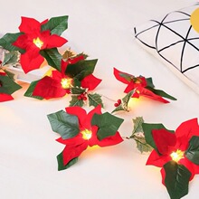 亚马逊LED圣诞红花灯串红果装饰节日圣诞门框扶梯一品红花装饰灯