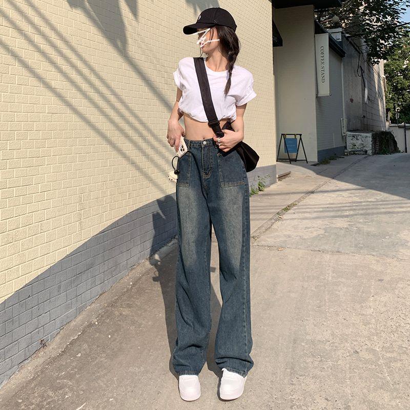 美式复古高腰牛仔裤女宽松直筒秋秋冬季新款拖地阔腿裤高街ins潮|undefined