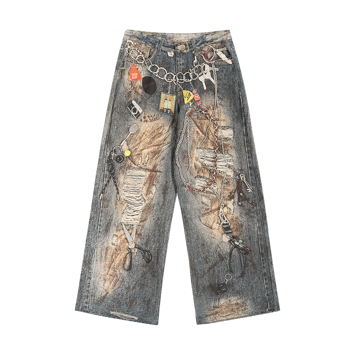 ETAI Hombre| Nuevo algodón recto impresión 3D pantalones casuales retro americano pesado botón jeans hombre