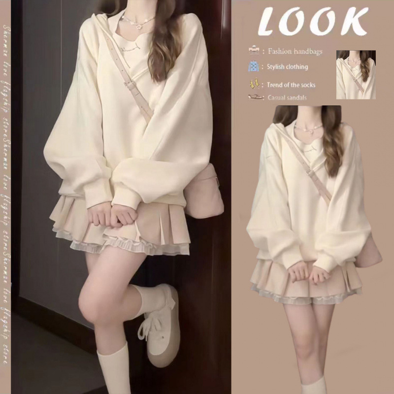 Women's Spring Gentle Style Outfit 2025 New Korean Version Versatile Tank Top Loose Sweatshirt Slimming Skirt Set of Three