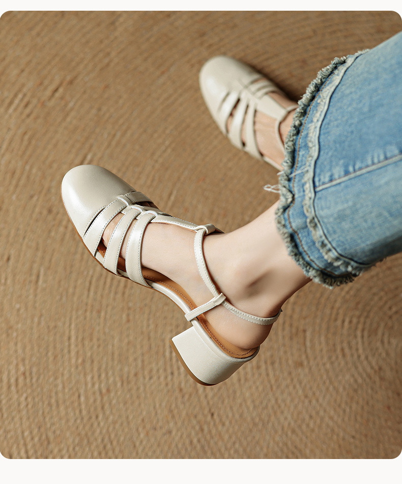 Sandal nữ da bò dệt rỗng mũi hở gót thô cao phong cách La Mã — màu nâu chi tiết 15