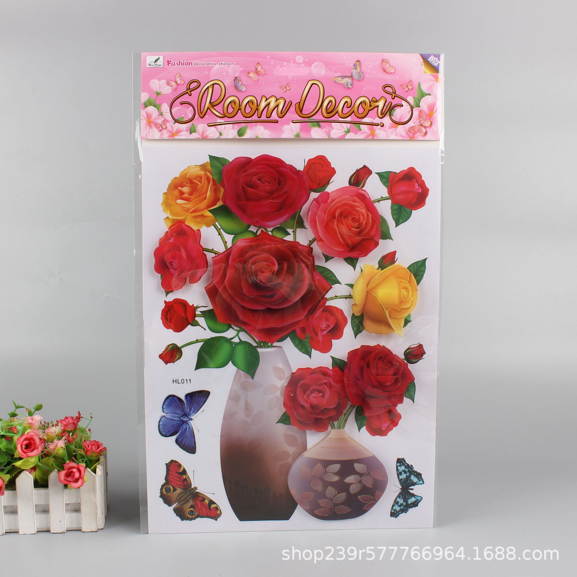 3D立体花瓶贴纸客厅立体墙贴自粘墙纸蝴蝶装饰壁画贴现货批发