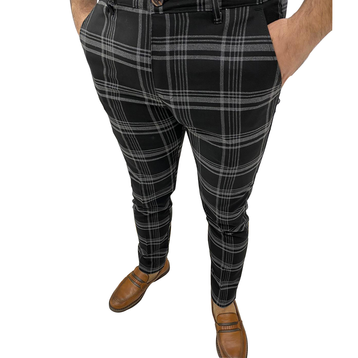 Herren Freizeithose Mit Karomuster Business Stoffhose Elastisch_voghion.com