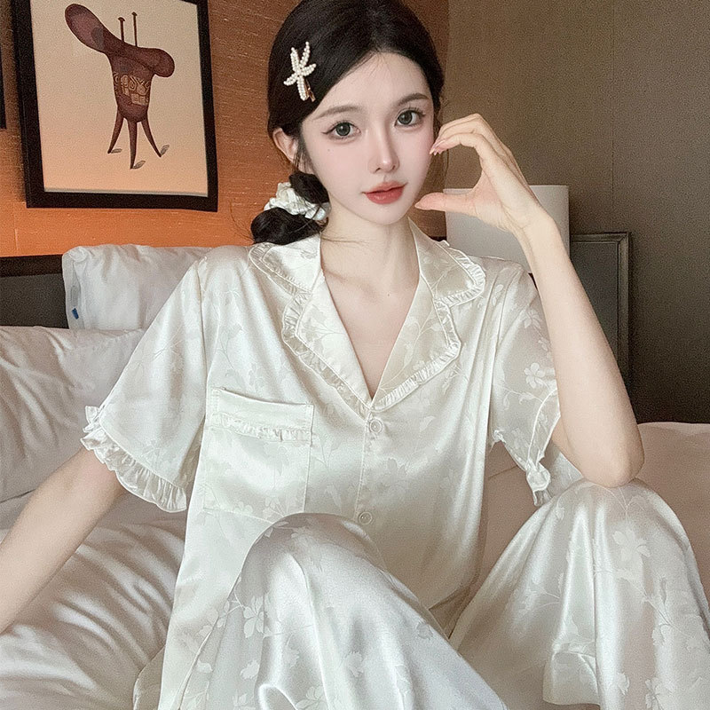 2024 Summer New Ice Silk Jacquard Pajamas Women's Short-sleeved Shorts Luxury Noble Cardigan Thin Home Clothes
