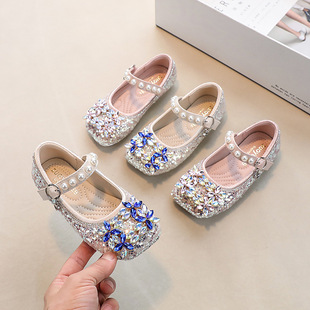 2024 spring new children's shoes girls' rhinestone shoes Princess shallow mouth small leather shoes small girls' square toe fashion single shoes