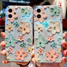 适用iphone13手机壳创意油画花朵镶钻滴胶软壳新款苹果12保护套