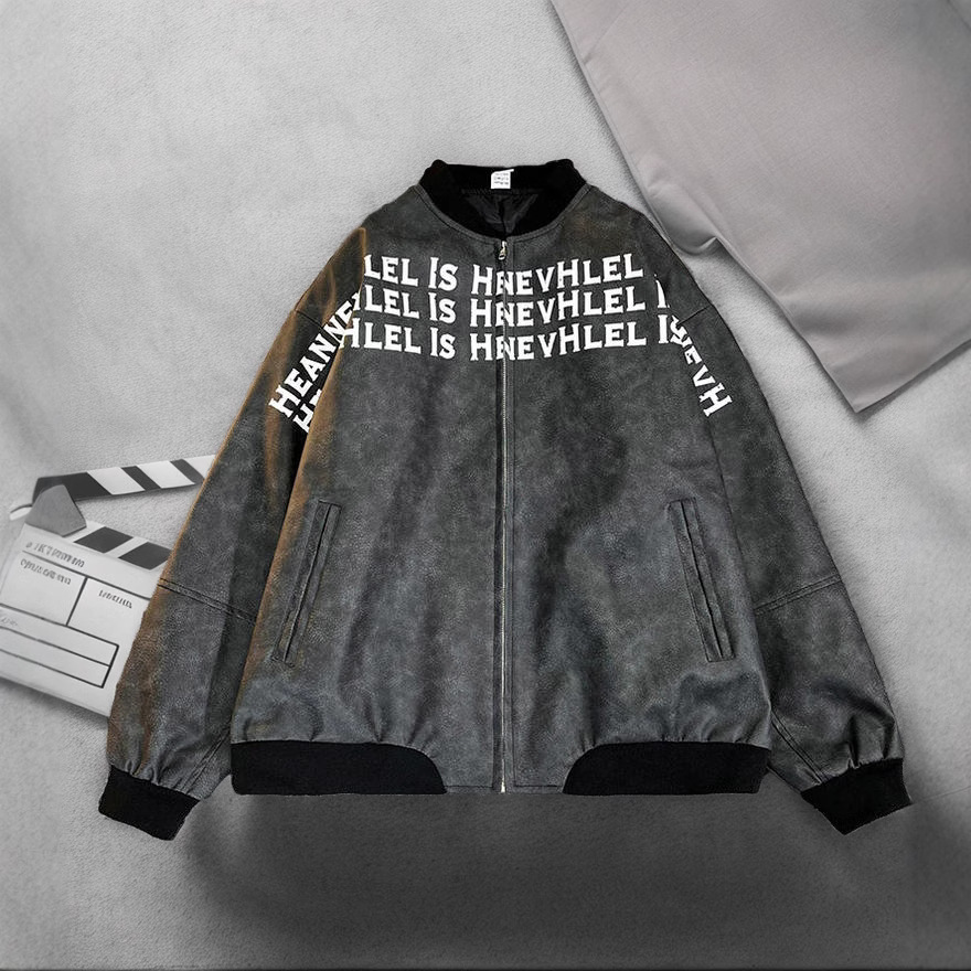 Cuero PU estilo americano de moda de calle alta chaqueta de cuello de béisbol hombre chaqueta con cremallera suelta chaqueta casual