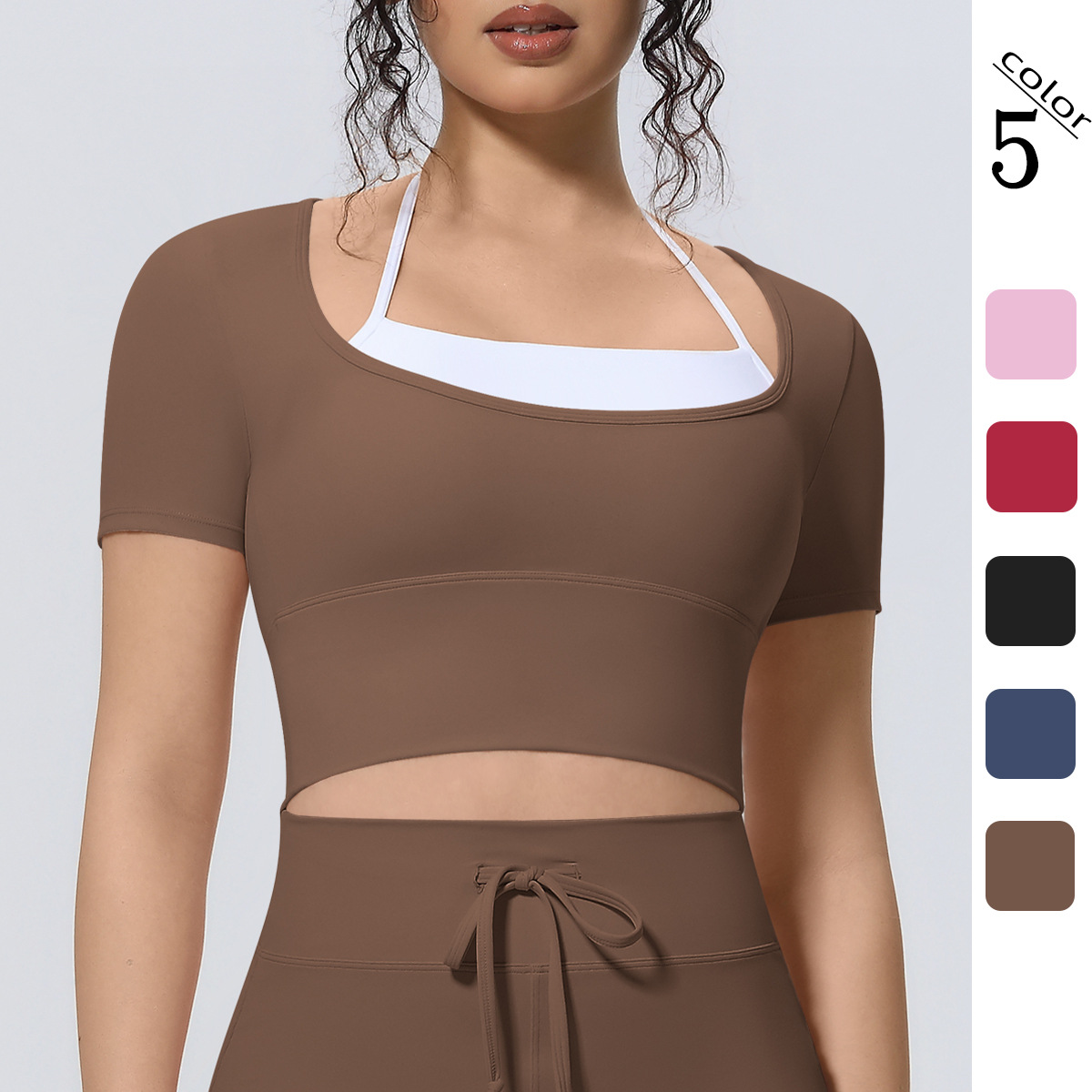 Nuevo desnudo transfronterizo doble juego falso dos piezas de color sólido camiseta de manga corta camiseta deportiva apertada para correr ropa de yoga fitness image 1