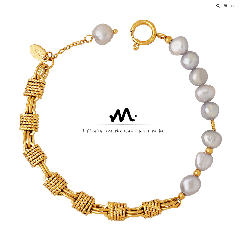 Hip hop no se desvanece estilo europeo y americano ins Cadena de cobre con pulsera de perlas de agua dulce gris joyería creativa para las mujeres