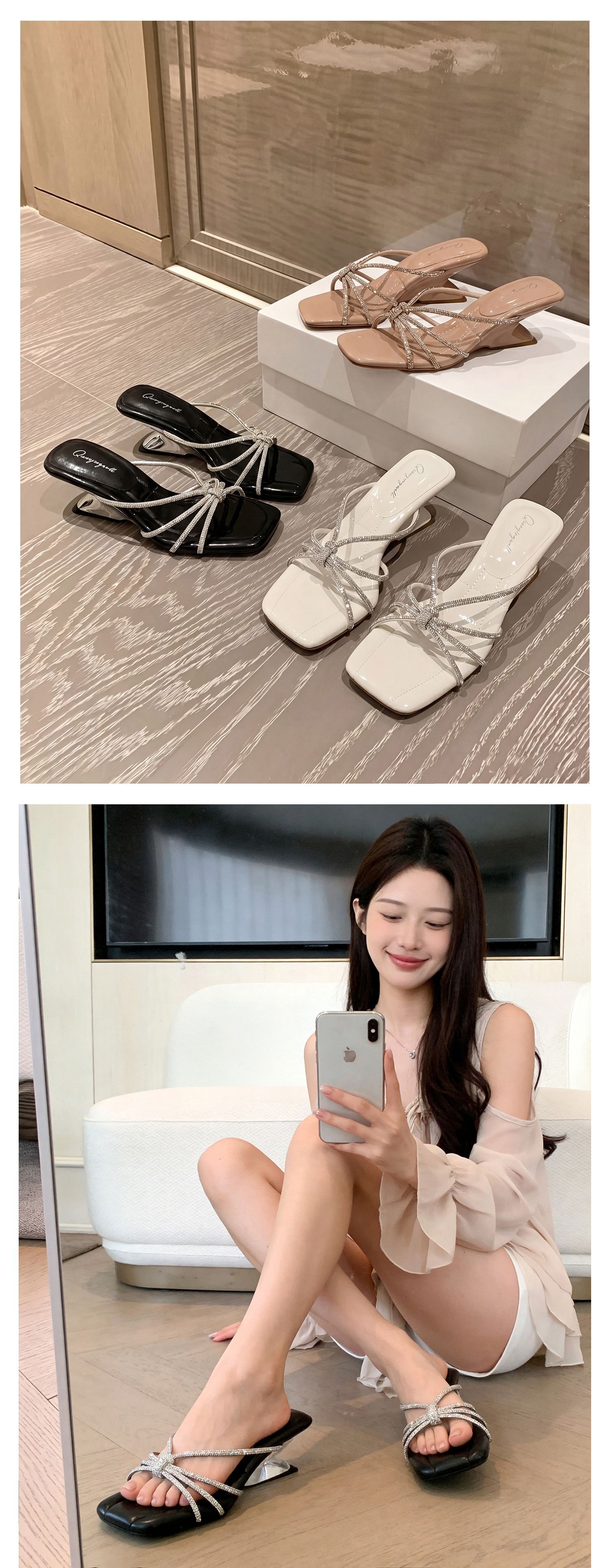 Sandal cao gót nữ mũi vuông quai ngang đính đá pha lê gót xuồng 9 cm — màu đen, màu trắng ngà, màu nude chi tiết 17