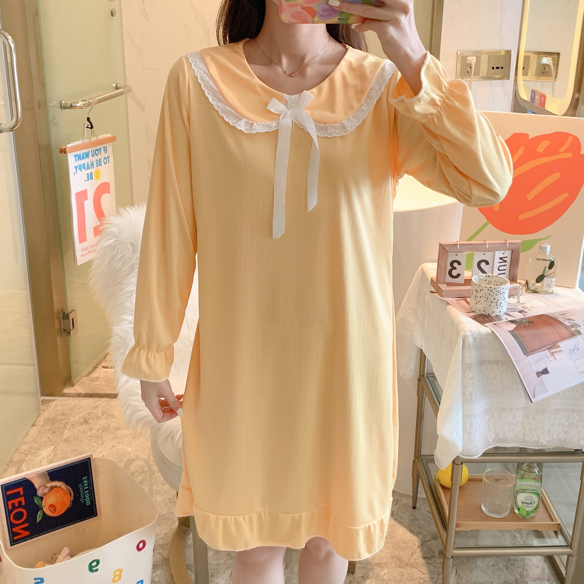 Camisón de manga larga sobre la rodilla ins estilo pijamas Mujer Primavera y otoño Hada corte muñeca collar princesa coreana estilo desgaste del hogar