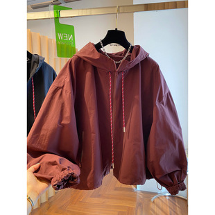 Ancora Red Coat Women's Spring and Autumn New Loose Short Red Hooded Drawstring Jacket Top