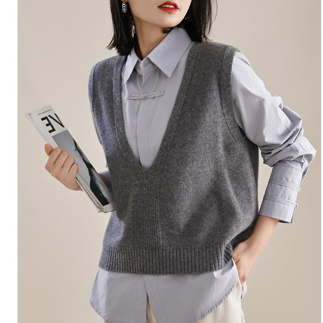 Classic Aesthetic Knitted Vest New Chinese Style Shirt Stacked Two-piece Set suit Women's Spring ELTZC71072