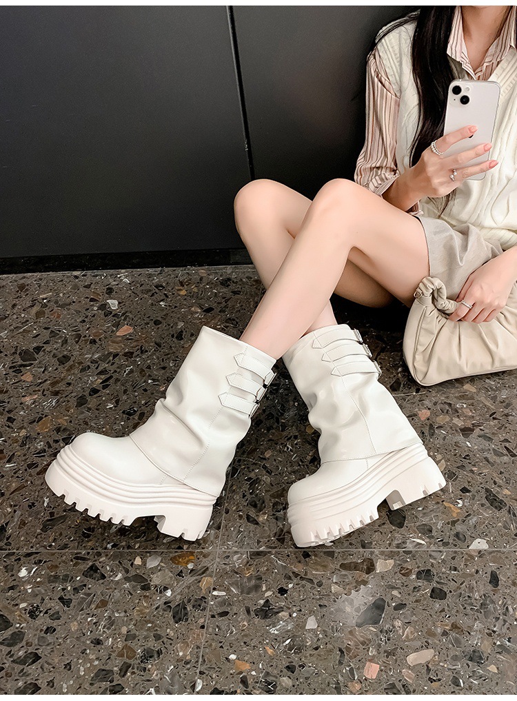 Boot nữ cổ cao ôm bắp chân đế xuồng da thật phong cách cưỡi ngựa khóa dây — Lớp lót đơn màu trắng nhạt 12cm, Lớp lót đơn màu nâu 15cm, Màu đen đơn 12cm, Lớp lót nhung màu nâu 12cm chi tiết 6