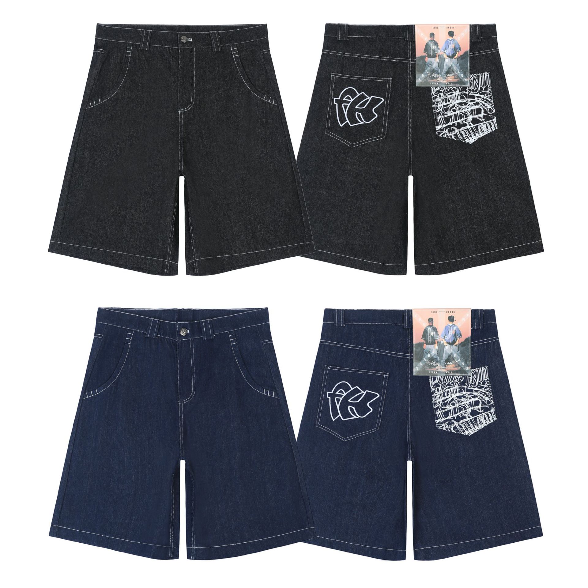 Herr denim shorts chicano stil med blomsterbroderi_voghion.com