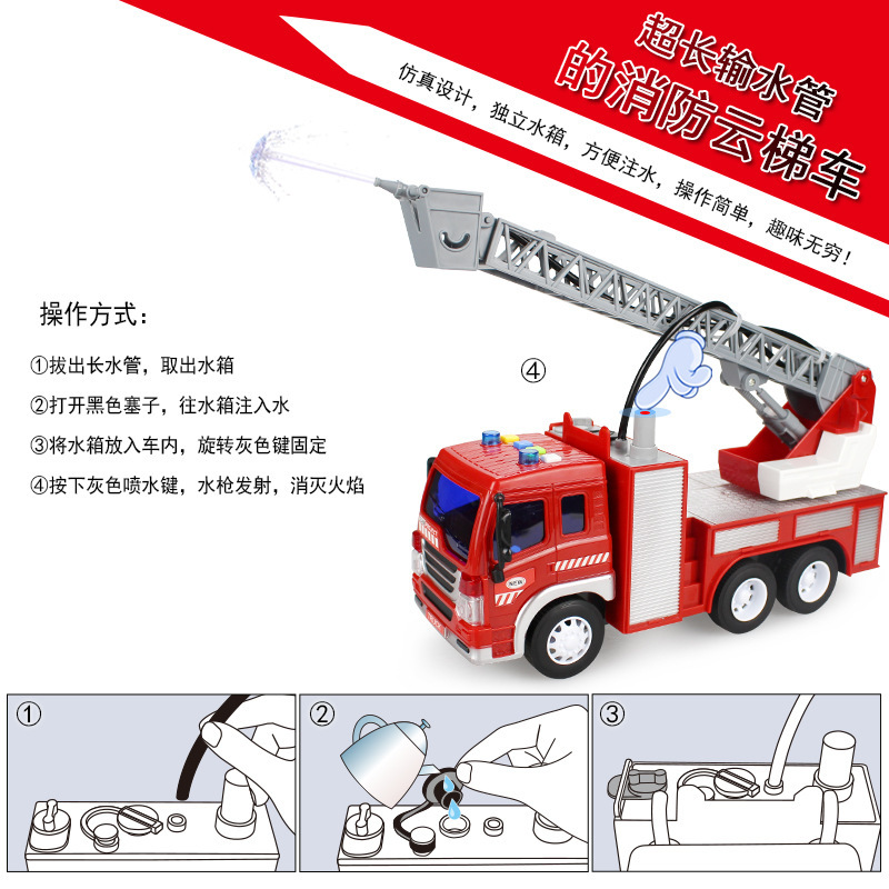 Suministro directo de fábrica 1:16 camión de escalera de agua pulverizada de rescate de fuego de protección del medio ambiente vehículo sonido y luz juguete inercia vehículo de ingeniería grande